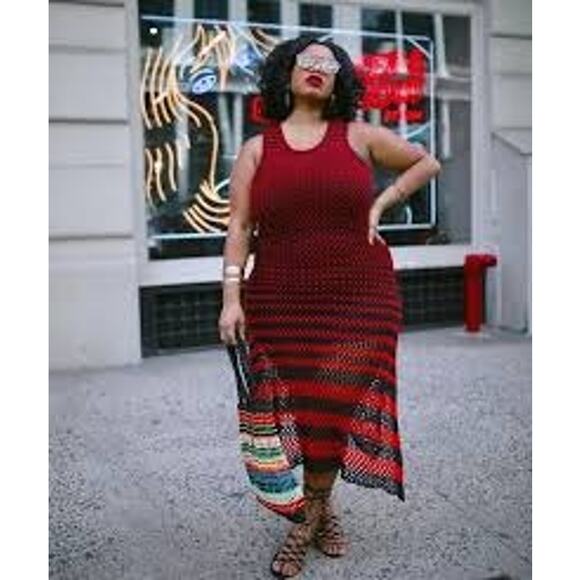 Zara  Studio Red Black Linen Maxi Long Knit Crochet Dress Sz M - Picture 1 of 16